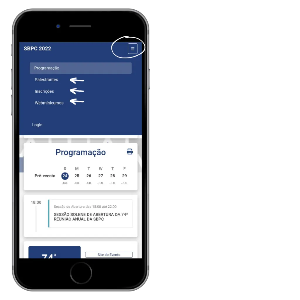 Opções do menu lateral: palestrantes, inscrições, webminicursos e login