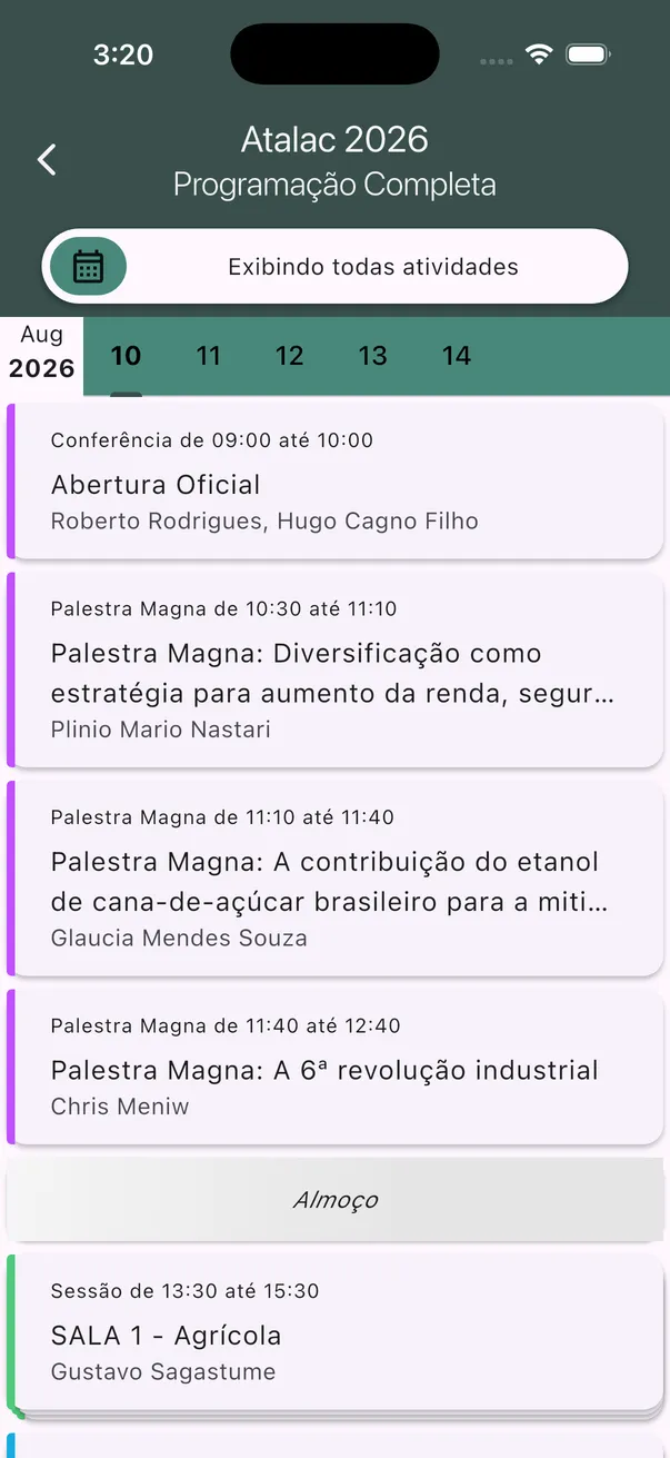 Programação do ATALAC 2026 no aplicativo, com datas, horários e títulos das atividades.