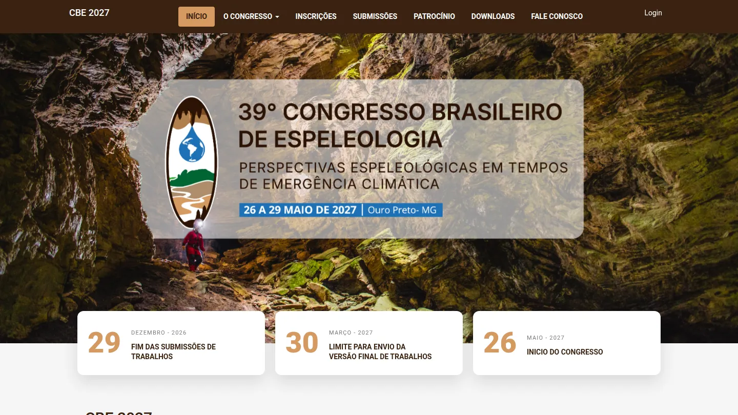 Página inicial do 39º Congresso Brasileiro de Espeleologia, com a foto de uma caverna e os prazos de submissão.