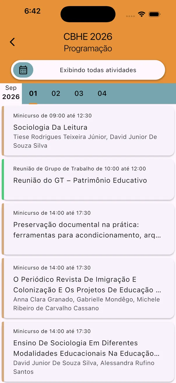 Programação do CBHE 2026 no aplicativo, com minicursos e reunião de grupo de trabalho.