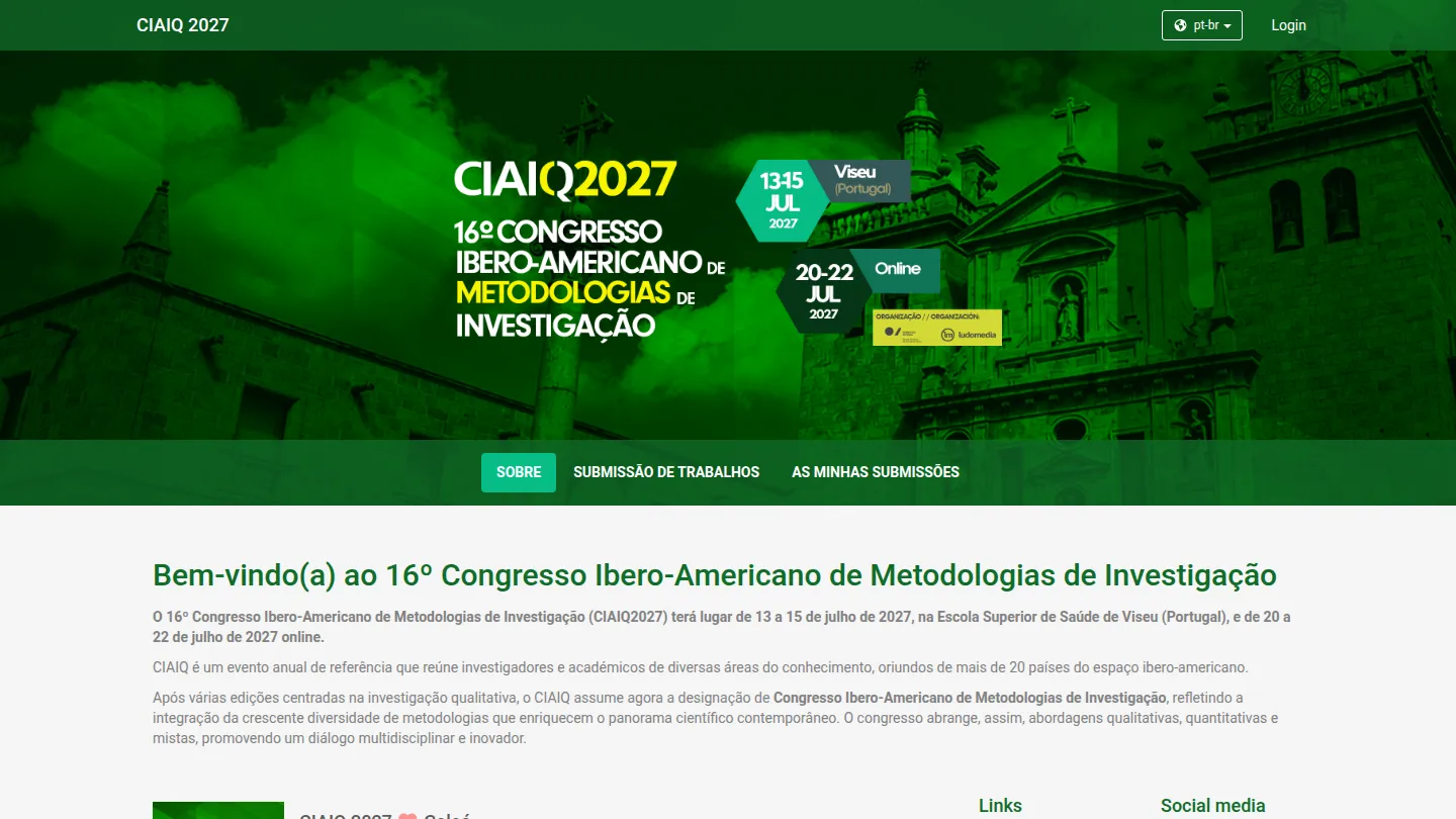 Página de apresentação do 16º Congresso Ibero-Americano de Metodologias de Investigação, em Viseu, Portugal, e online, com a identidade verde do congresso.
