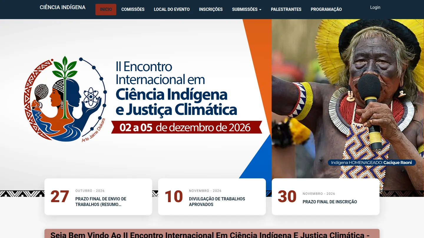 Página inicial do II Encontro Internacional em Ciência Indígena e Justiça Climática, com o banner da edição e os prazos de submissão e inscrição.
