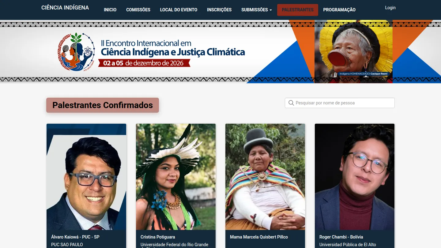 Página de palestrantes confirmados do II Encontro Internacional em Ciência Indígena e Justiça Climática, com foto, nome e instituição de cada um.