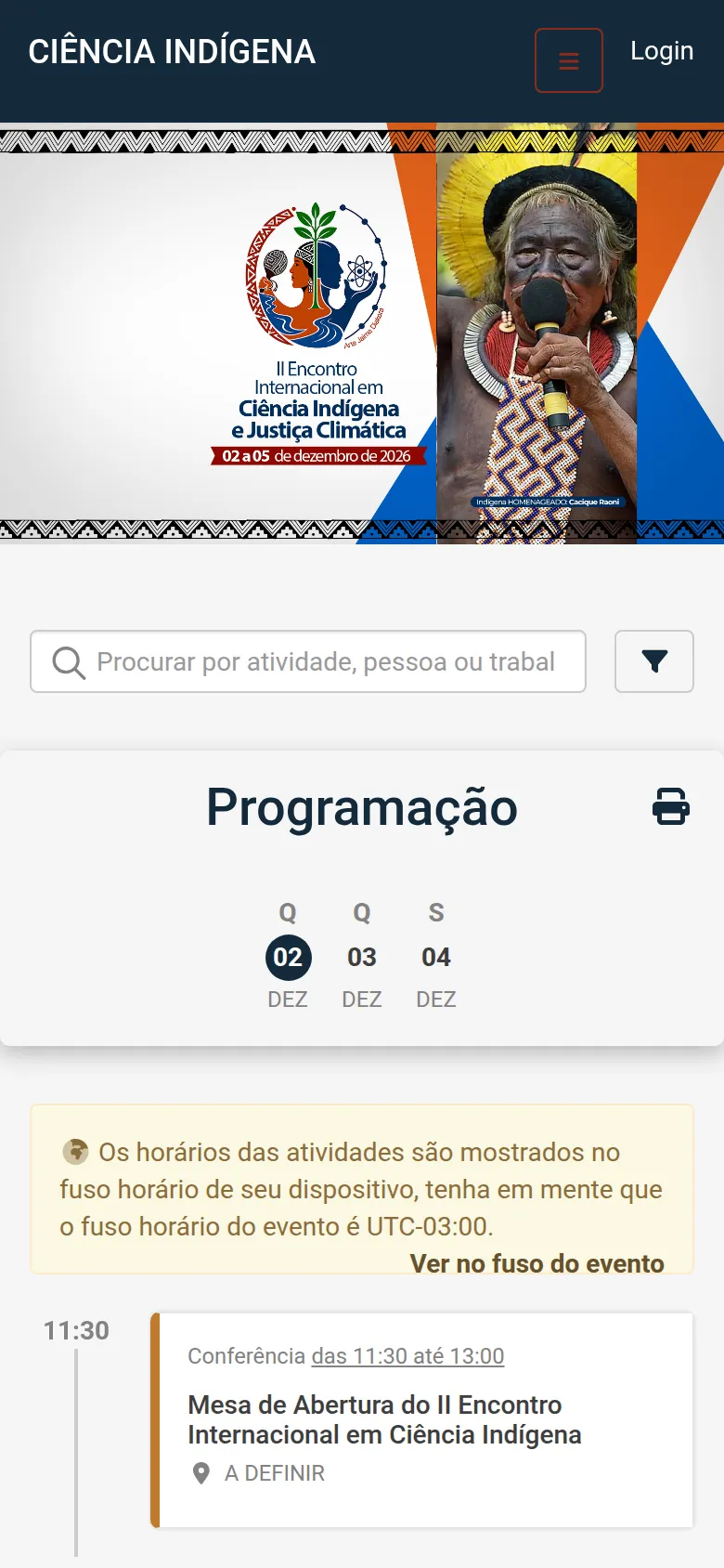 Programação de um congresso no celular, com busca por atividade, pessoa ou trabalho, os dias do evento e a mesa de abertura.