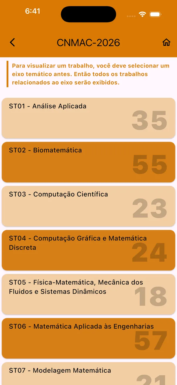 Eixos temáticos do CNMAC 2026 no aplicativo, com o número de trabalhos de cada eixo.