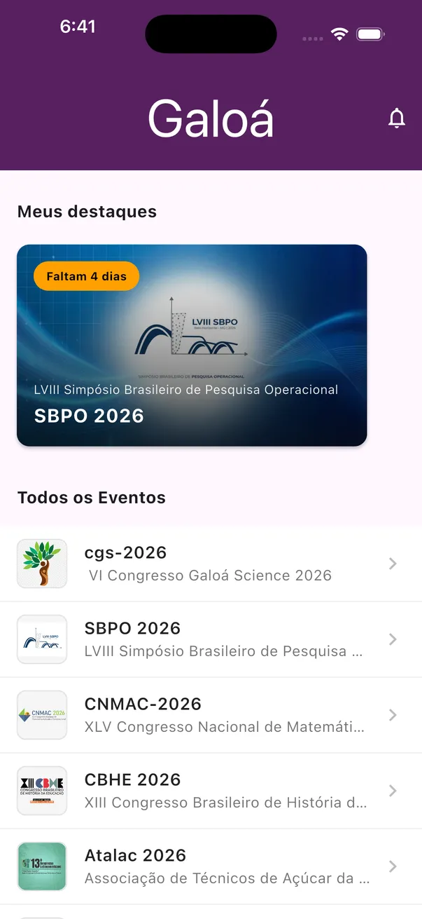 Tela inicial do aplicativo da Galoá, com o SBPO 2026 em destaque e a lista de eventos: Congresso Galoá Science, SBPO, CNMAC, CBHE e ATALAC.