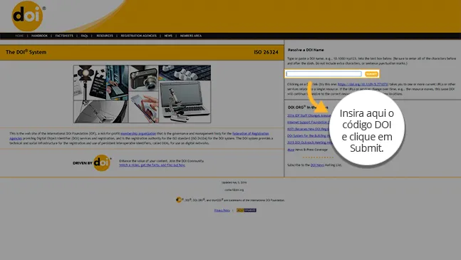 Página inicial da DOI Foundation com a caixa "Resolve a DOI Name" em destaque