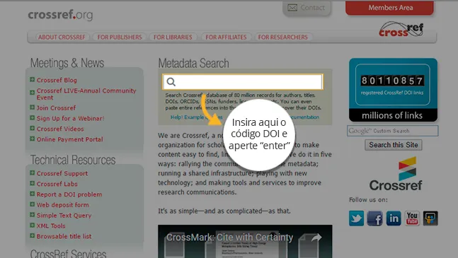 Página da Crossref com a caixa "Metadata Search" em destaque