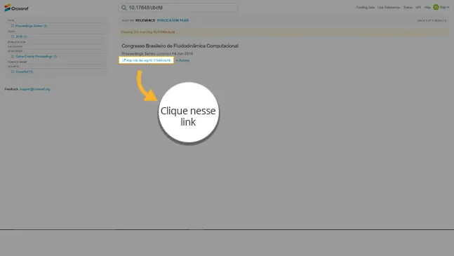 Resultado da busca na Crossref, com o link do DOI em destaque