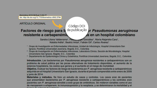 Em um arquivo PDF com depósito DOI, o código aparece no cabeçalho ou rodapé da primeira página do texto.
