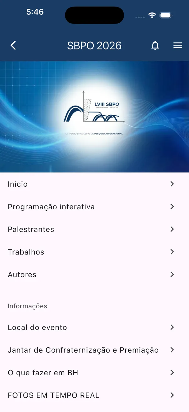 Menu do SBPO 2026 no aplicativo: programação interativa, palestrantes, trabalhos, autores, local do evento, jantar de confraternização e premiação, o que fazer em BH e fotos em tempo real.