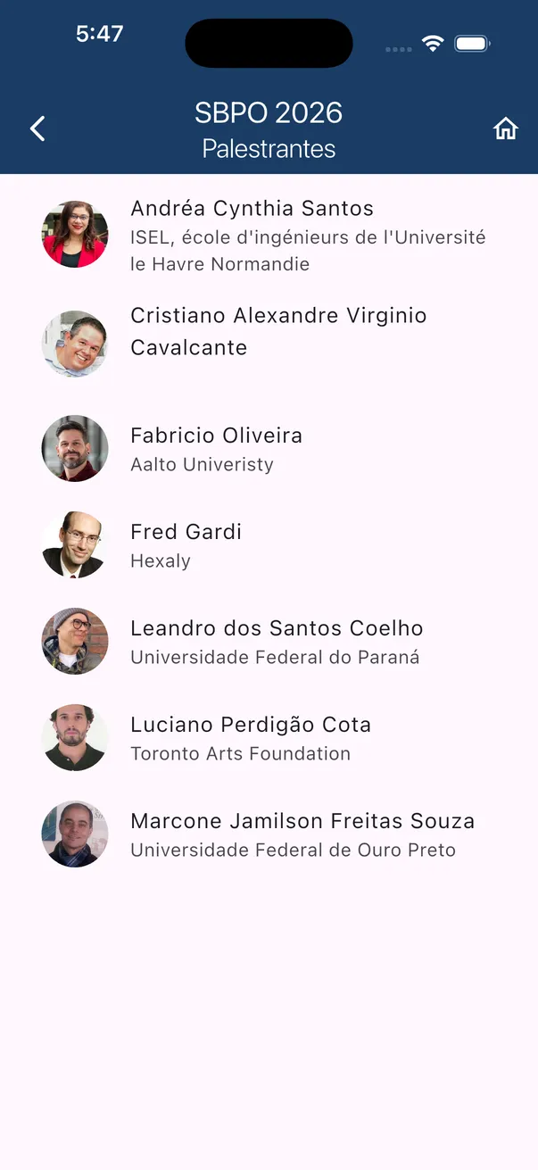 Lista de palestrantes do SBPO 2026 no aplicativo, com foto e instituição.