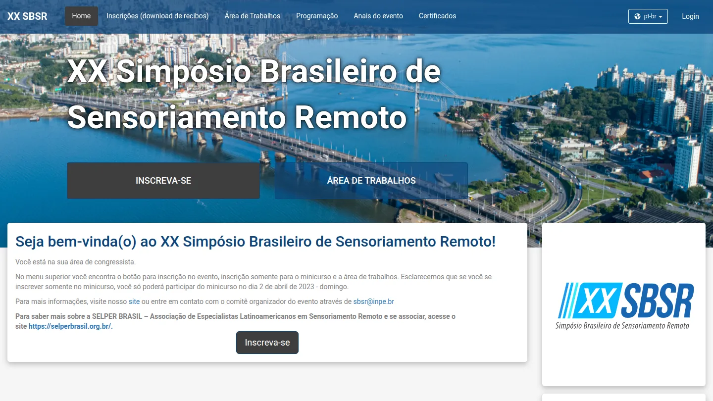 Site do XX Simpósio Brasileiro de Sensoriamento Remoto, de 2023, em português, ainda no ar.