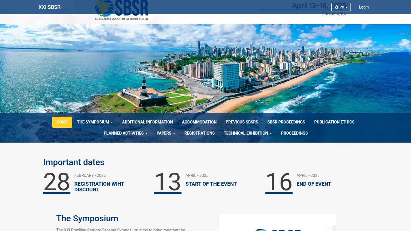 Site do XXI Simpósio Brasileiro de Sensoriamento Remoto, de 2025, ainda no ar.